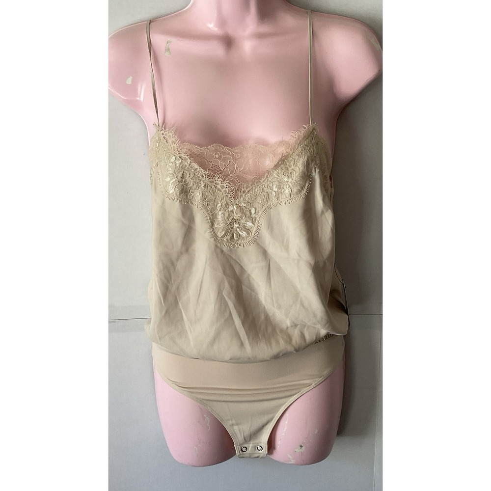 NWT Express Thong Bodysuit Beige Lace Trim  Size XS Adjustable Spaghetti Straps